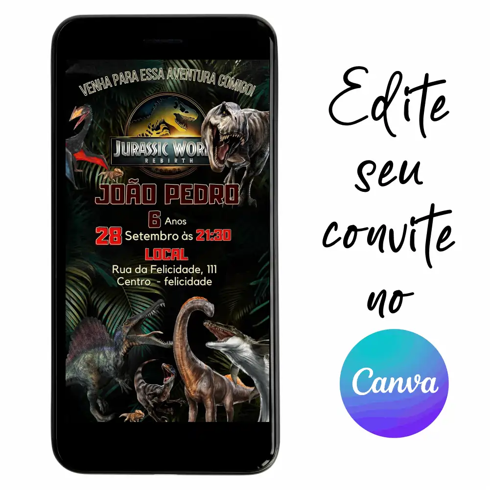 Dinossauro-07.webp Convite Aniversário Digital Jurassic Park World - Dinossauro 07 Personalizável pelo Canva