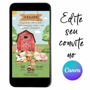 Convite Aniversário Digital Fazendinha 01 Personalizável pelo Canva