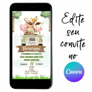 Convite Aniversário Digital Fazendinha 02 Personalizável pelo Canva