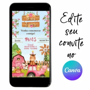 Convite Aniversário Digital Fazendinha 03 Personalizável pelo Canva