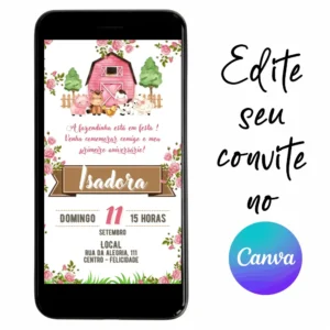 Convite Aniversário Digital Fazendinha 04 Personalizável pelo Canva