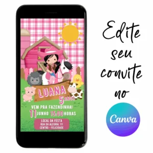 Convite Aniversário Digital Fazendinha 05 Personalizável pelo Canva
