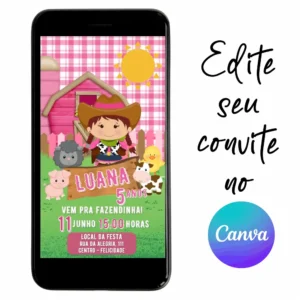 Convite Aniversário Digital Fazendinha 06 Personalizável pelo Canva