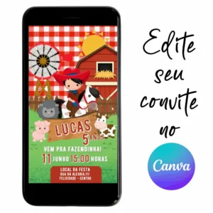 Convite Aniversário Digital Fazendinha 07 Personalizável pelo Canva