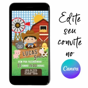 Convite Aniversário  Digital Fazendinha 08 Personalizável pelo Canva