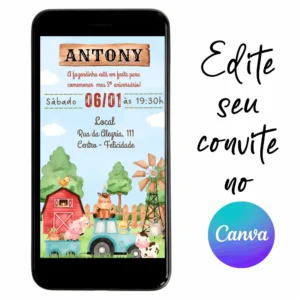 Convite Digital Fazendinha 09 Personalizável pelo Canva