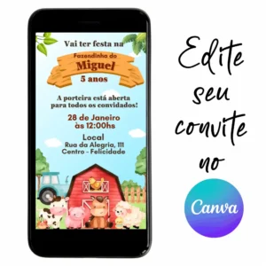 Convite Aniversário Digital Fazendinha 10 Personalizável pelo Canva