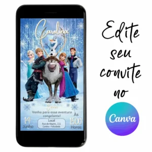 Convite Aniversário Digital Frozen 01 Personalizável pelo Canva