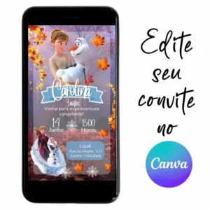 Convite Aniversário Digital Frozen 06 Personalizável pelo Canva