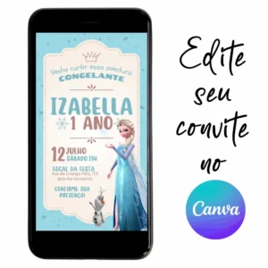 Convite Aniversário Digital Frozen 09 Personalizável pelo Canva