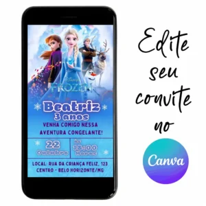 Convite Aniversário Digital Frozen 10 Personalizável pelo Canva