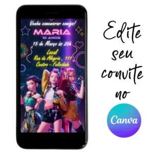Convite Aniversário Digital Guerreiras do K-Pop 01 Personalizável pelo Canva