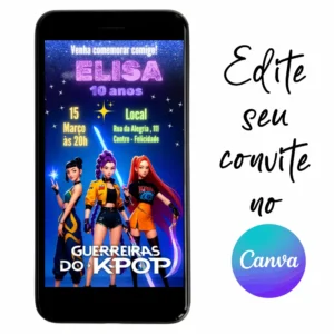 Convite Aniversário Digital Guerreiras do K-Pop 02 Personalizável pelo Canva