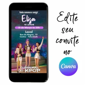 Convite Aniversário Digital Guerreiras do K-Pop 03 Personalizável pelo Canva
