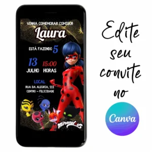 Convite Aniversário Digital LadyBug 01 Personalizável pelo Canva