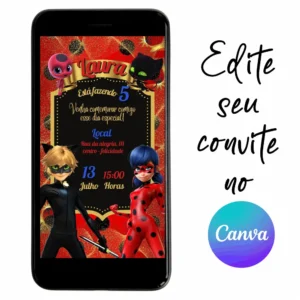 Convite Aniversário Digital LadyBug 02 Personalizável pelo Canva