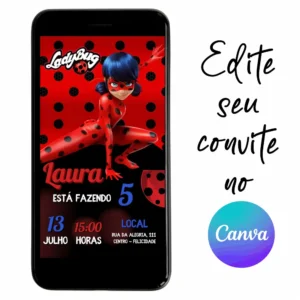 Convite Aniversário Digital LadyBug 03 Personalizável pelo Canva