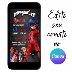 Convite Aniversário Digital LadyBug 04 Personalizável pelo Canva
