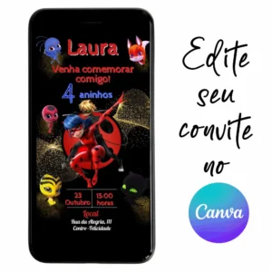 Convite Aniversário Digital LadyBug 05 Personalizável pelo Canva