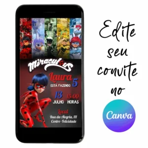 Convite Aniversário Digital LadyBug 06 Personalizável pelo Canva