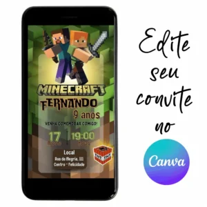 Convite Aniversário Digital MineCraft 01 Personalizável pelo Canva