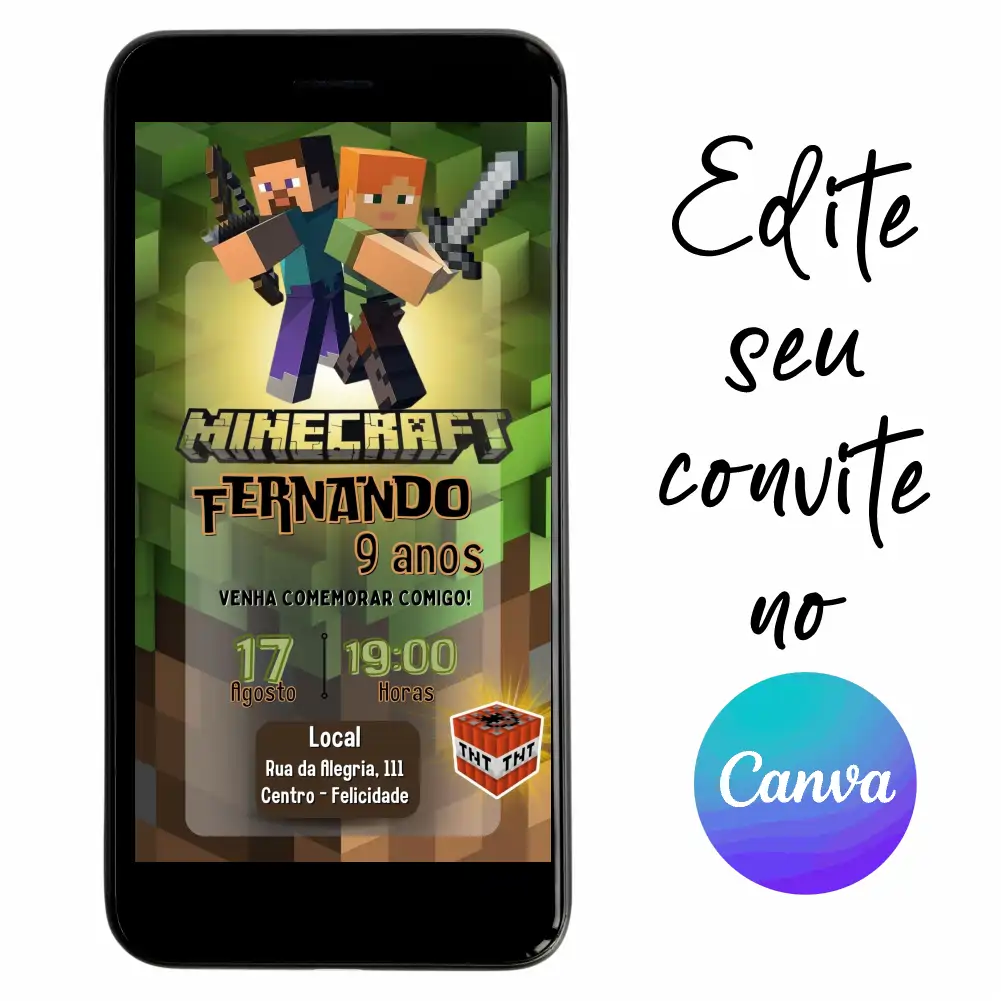 MineCraft-01.webp Convite Aniversário Digital MineCraft 01 Personalizável pelo Canva
