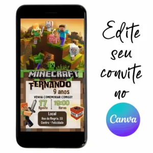 Convite Aniversário Digital MineCraft 02 Personalizável pelo Canva
