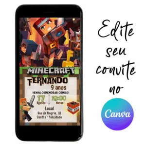 Convite Aniversário Digital MineCraft 03 Personalizável pelo Canva