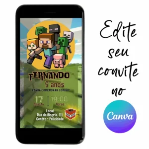 Convite Aniversário Digital MineCraft 04 Personalizável pelo Canva