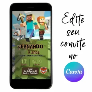 Convite Aniversário Digital MineCraft 05 Personalizável pelo Canva