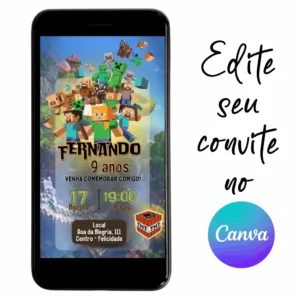 Convite Aniversário Digital MineCraft 06 Personalizável pelo Canva