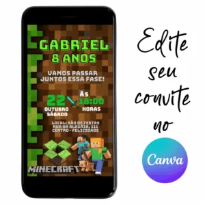 Convite Aniversário Digital MineCraft 07 Personalizável pelo Canva