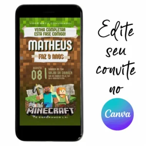 Convite Aniversário Digital MineCraft 08 Personalizável pelo Canva