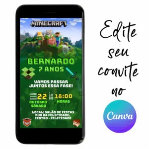 Convite Aniversário Digital MineCraft 09 Personalizável pelo Canva