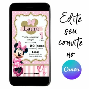 Convite Aniversário Digital Minnie 01 Personalizável pelo Canva