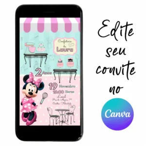 Convite Aniversário Digital Minnie Confeiteira 03 Personalizável pelo Canva