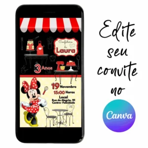 Convite Aniversário Digital Minnie Confeiteira 04 Personalizável pelo Canva