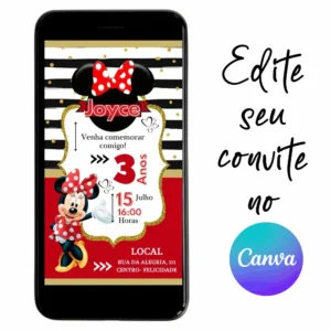 Convite Aniversário Digital Minnie 08 Personalizável pelo Canva