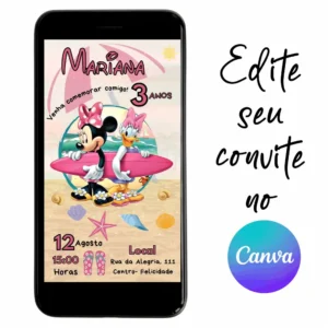 Convite Aniversário Digital Minnie Praia 09 Personalizável pelo Canva