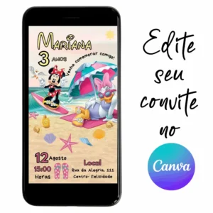 Convite Aniversário Digital Minnie Praia 10 Personalizável pelo Canva