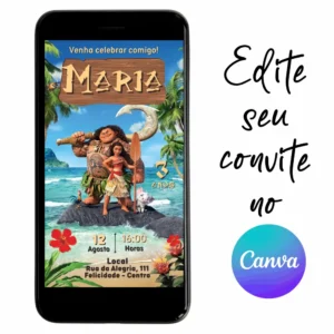 Convite Aniversário Digital Moana 01 Personalizável pelo Canva