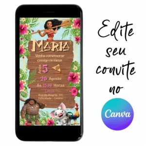 Convite Aniversário Digital Moana 03 Personalizável pelo Canva