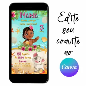 Convite Aniversário Digital Moana Bebê 06 Personalizável pelo Canva