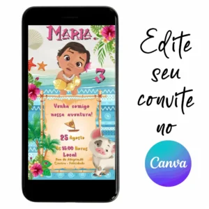 Convite Aniversário Digital Moana Bebê 07 Personalizável pelo Canva