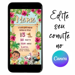 Convite Aniversário Digital Moana Bebê 08 Personalizável pelo Canva