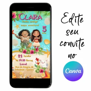 Convite Aniversário Moana 09 Personalizável pelo Canva