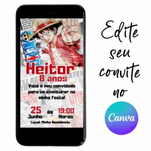 Convite Aniversário Digital One Piece 04 Personalizável pelo Canva