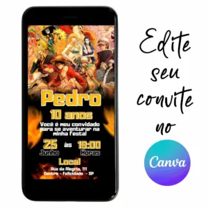 Convite Aniversário Digital One Piece 05 Personalizável pelo Canva