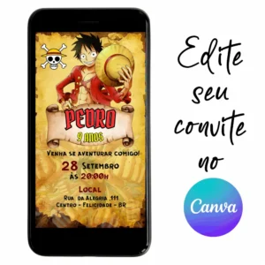 Convite Aniversário Digital One Piece 08 - Luffy Personalizável pelo Canva
