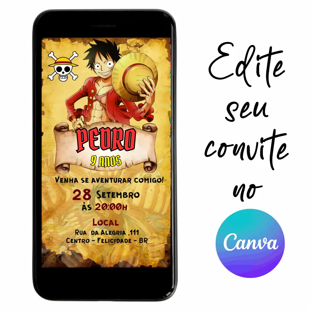 One-Piece-08.webp Convite Aniversário Digital One Piece 08 - Luffy Personalizável pelo Canva